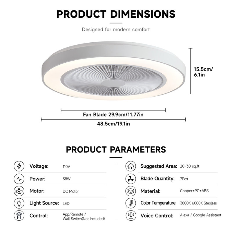 Modern Ceiling Fan with LED RGB Light, Flush Mount Fandelier with Remote App Voice Control, 19''