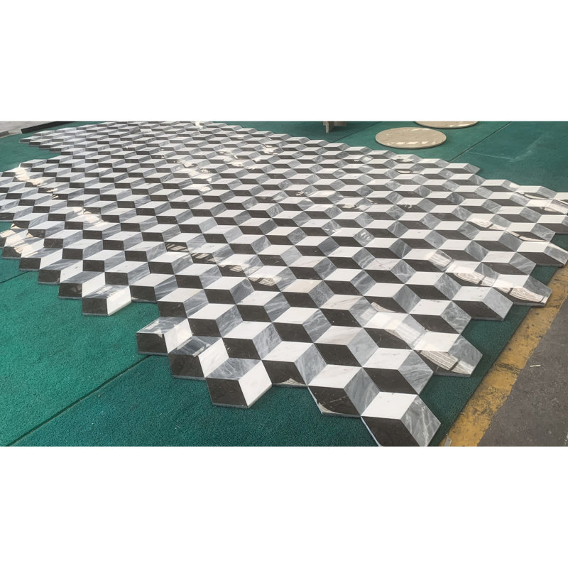 Pierre naturelle hexagonale - blanc, noir et gris, 12 pièces / boîte, convient au plancher et au mur dans différents espaces, carreaux de marbre d'une largeur de 9,68 po, surfaces variées idéales