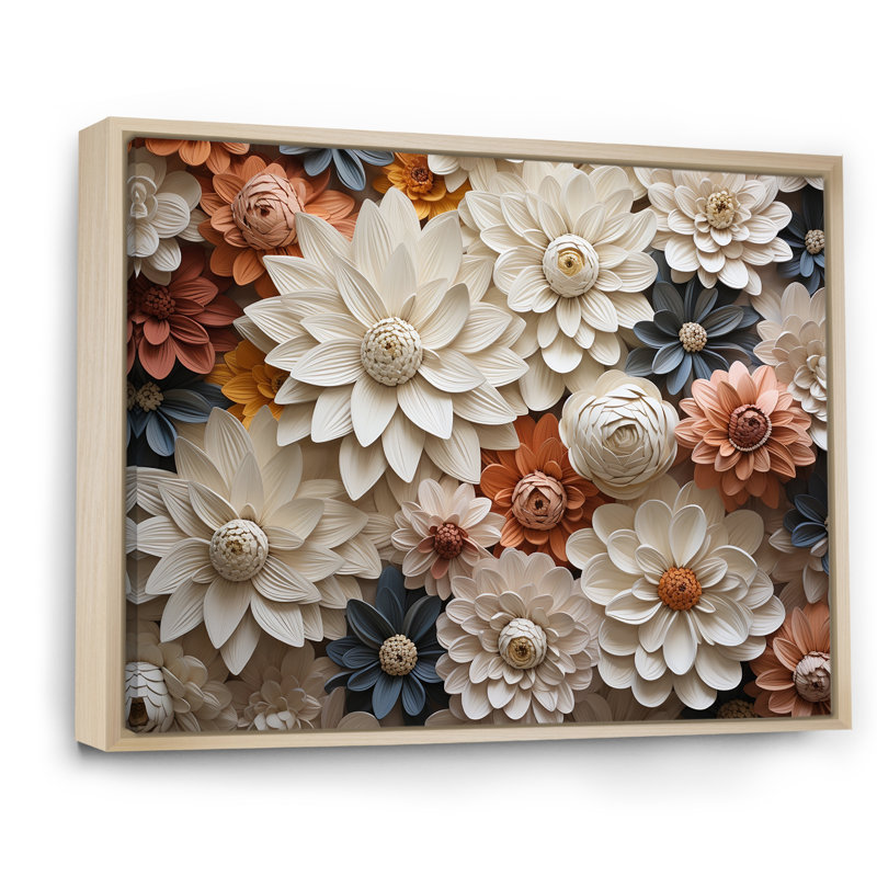 Minimalisme beige, collage Zinnias sur toile, Cadre naturel flottant, H 12 po x l 20 po x P 1 po