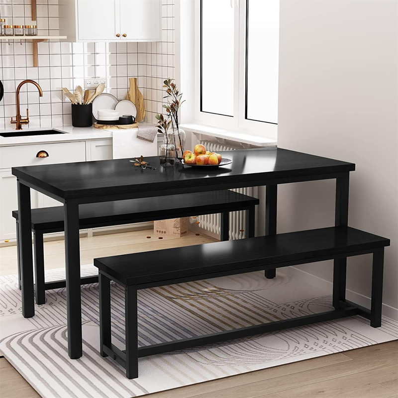 Farmhouse Space-Saving Dining Set with 2 Benches for 4-6, Black