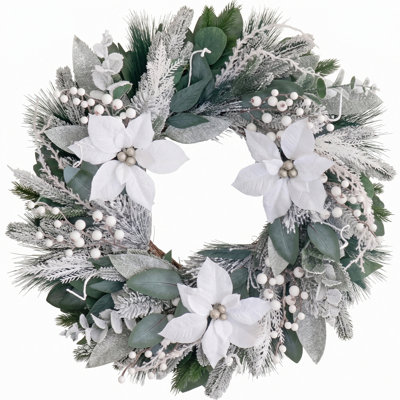Couronne d'hiver pour porte d'entrée 17,7 pouces Couronne de Noël artificielle avec fleurs de Noël blanches, eucalyptus enneigé et baie blanche pour décor de porte de maison de campagne