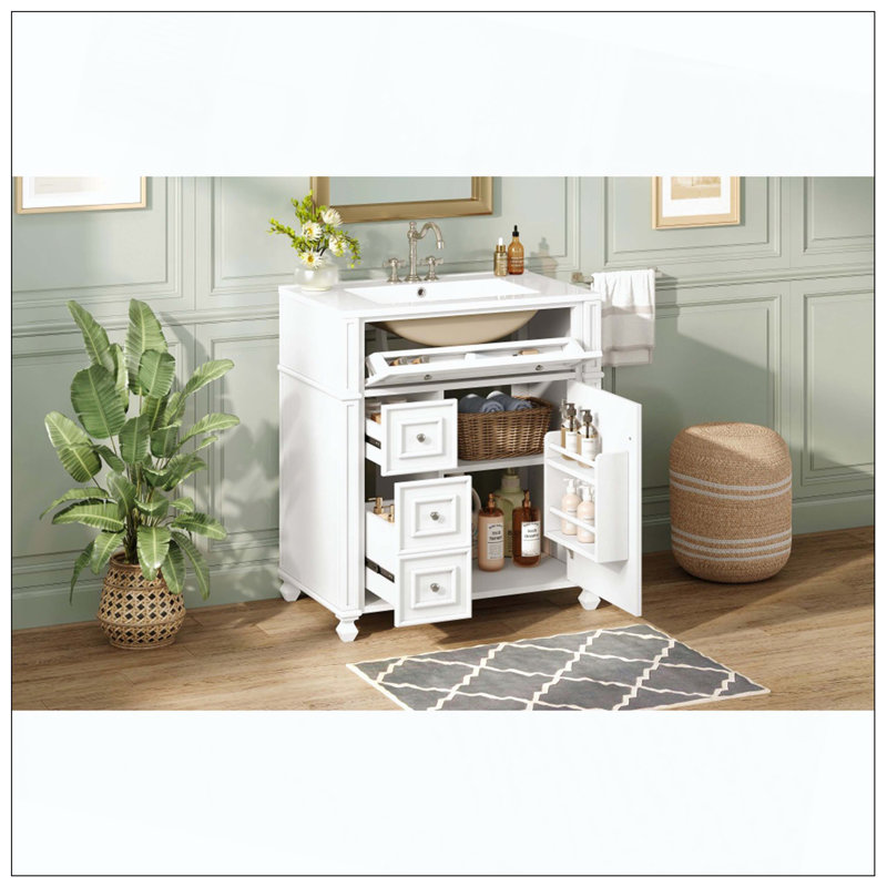 Rangement pour salle de bain avec lavabo en céramique, White