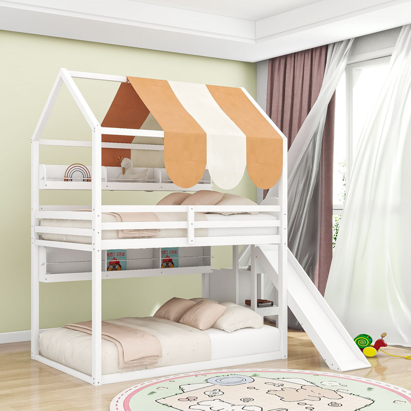 Lit mezzanine en bois avec glissade et tablettes, Blanc