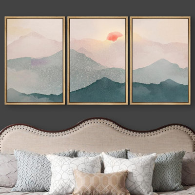 Abstract Landscape " Pastel Teal Pink Morning Dawn Mountain Nature Modern Art Decor Landscape Zen " 3 - Pieces