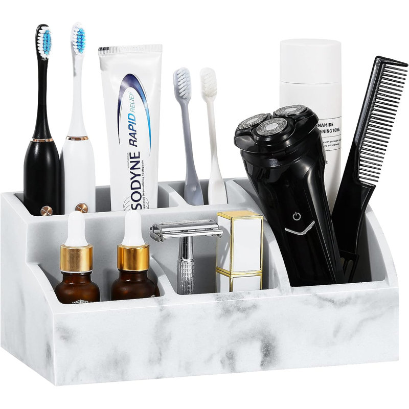 Organisateur de comptoir de salle de bain, porte-brosse à dents pour salle de bain à 5 fentes, gravier blanc