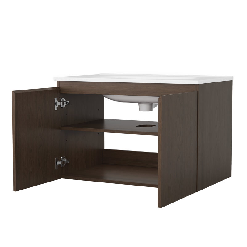 Sylvan 30" Single Wall-Mounted Floating Bathroom Vanity with Ceramic Sink, Dark Walnut,Hardwood Plywood,Soft-Close Doors & Interior Adjustable Storage