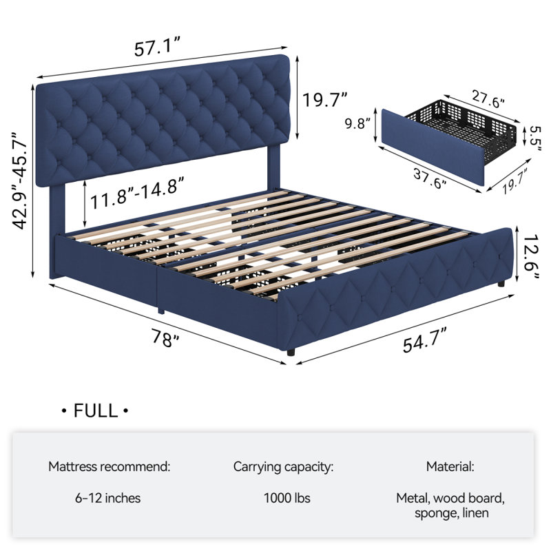 Full  Size Bed Frame with 4 Storage Drawers and Headboard, Linen Upholstered Full Platform Bed Frame, Diamond Stitched Button Tufted, Easy Assemble, Noise-Free & No Box Spring Needed
