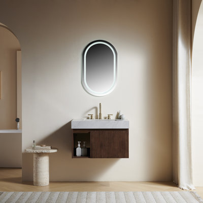 EIDEN 30' Bathroom Vanity&Sink,Floating Storage Cabinet,Carrara Grey Vein Sintered Stone Top&Ceramic Basin with 8'' widspread 3 Holes,Disassembled,NO Faucet and Drain Set, Walnut Woodgrain Color