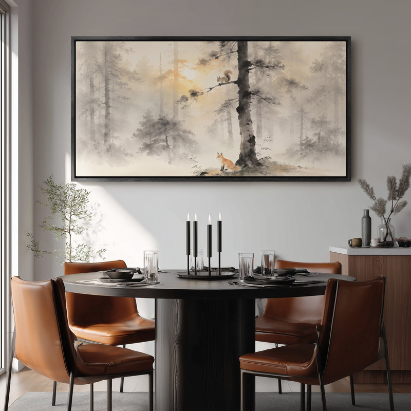 Grande toile encadrée - Décoration Renard et Écureuil Forêt Brumeuse - 152 x 51 cm, 152 x 76 cm, H 30 po x l 60 po, Noir