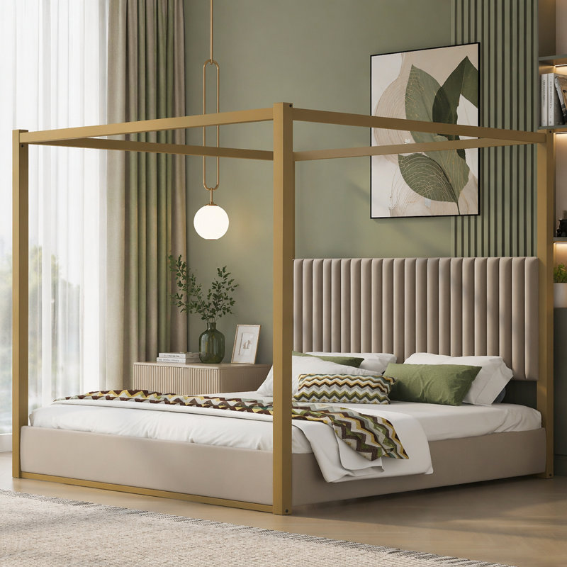Lit plateforme à baldaquin avec tête de lit et structure en métal Upholstery, Beige