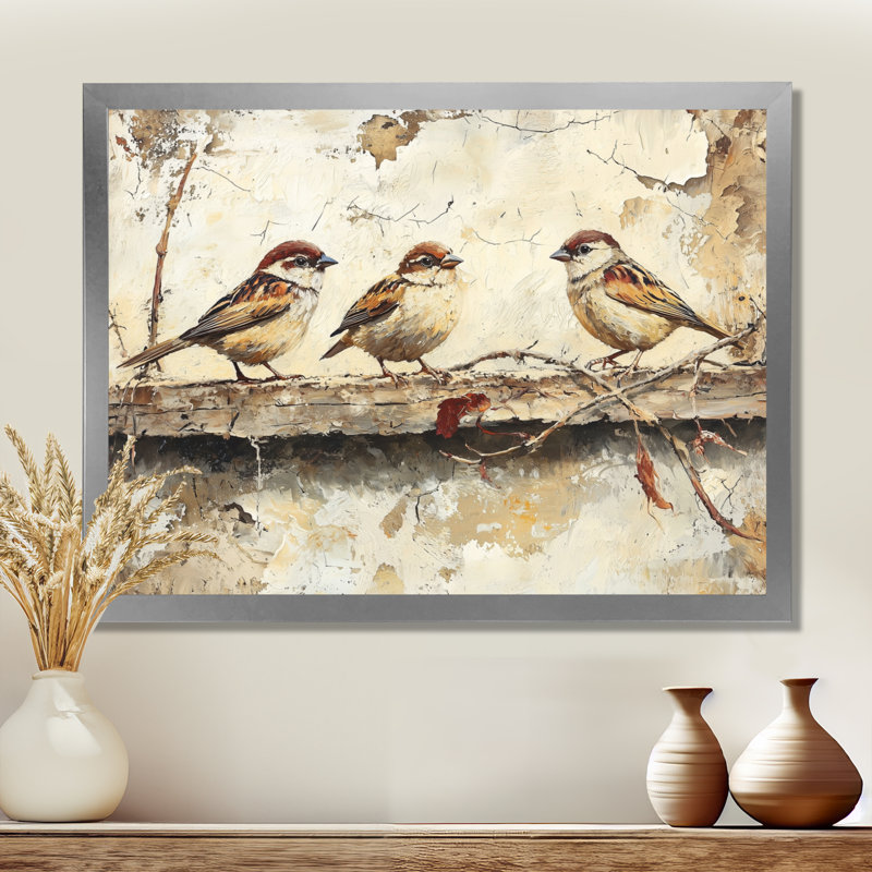 Bird Sparrows By The Farm House - art mural grand oiseau, H 12 po x l 20 po, Cadre simple, Argent argent