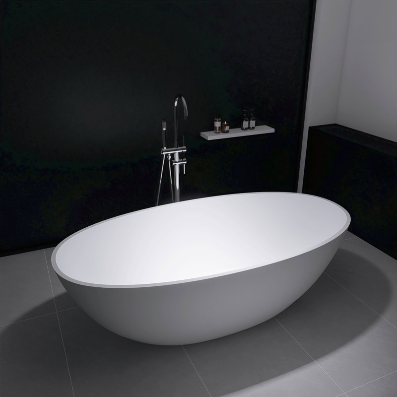 71" Matte White Freestanding Bathtub Deep Soak Oval Design, Solid Surface & Built-In Chrome Drain
