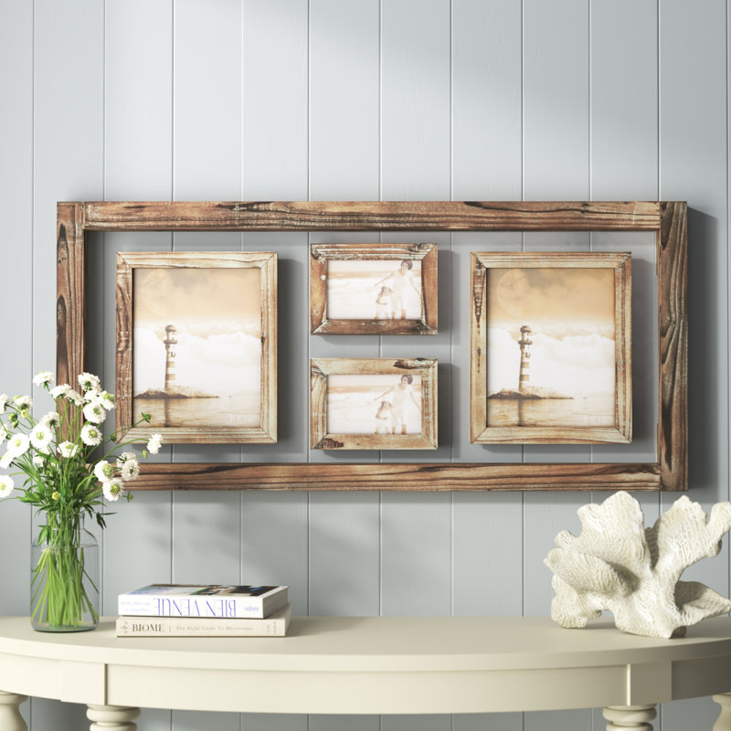 Brown Wood 4 Slot Wall Photo Frame with Wood Frame, 37" x 2" x 17"