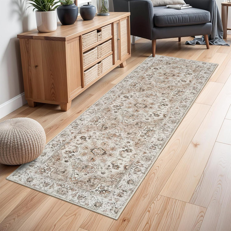 Washable Hallway Rug: Non Slip Rugs with Rubber Backing Soft Kitchen Rug Farmhouse Distressed Carpet for Living Room Bedroom Bathroom (Beige)