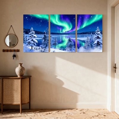 Paysage et nature, aurores boréales, reflet de la forêt d'hiver, ciel nocturne, arbres de neige, ensemble de 3 impressions sur toile