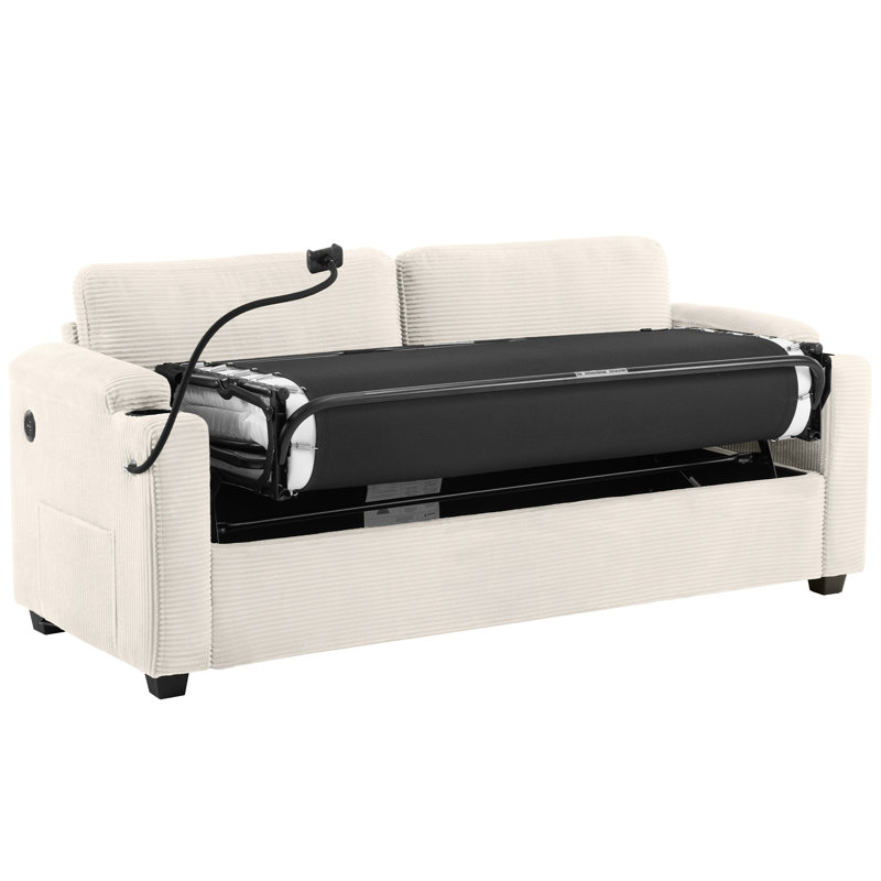 72.8" Corduroy Sleeper Sofa Loveseat Sofa With Full Size Mattress, Beige
