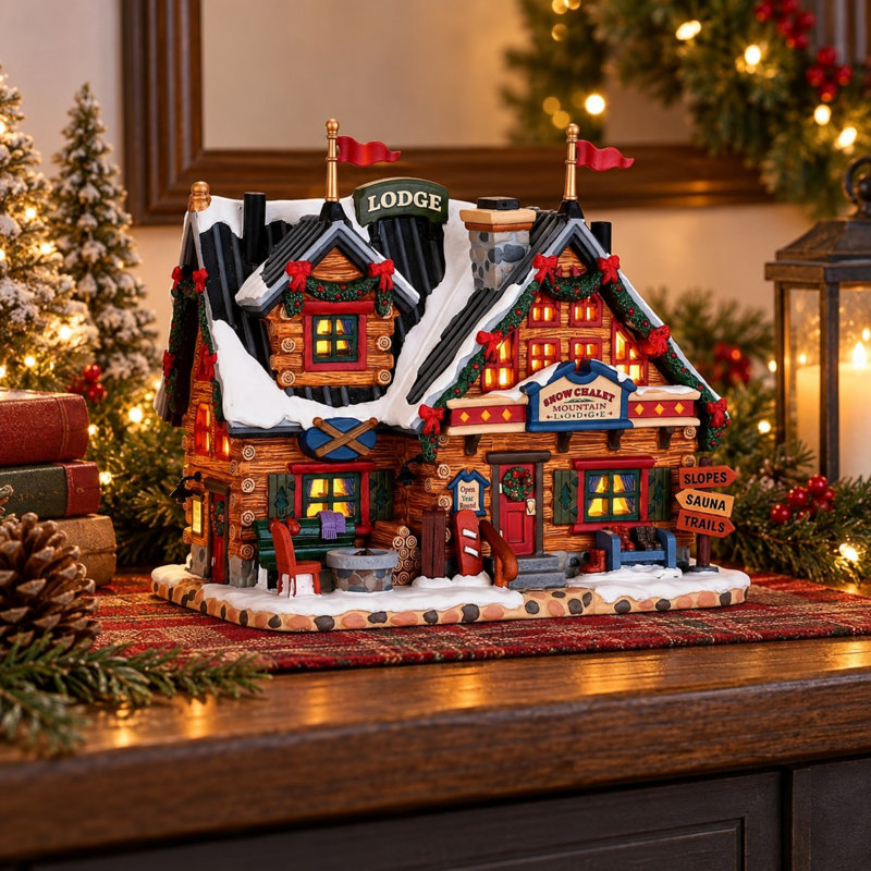 Chalet de ski illuminé en porcelaine pour village de Noël, alimenté par piles ou adaptateur secteur.