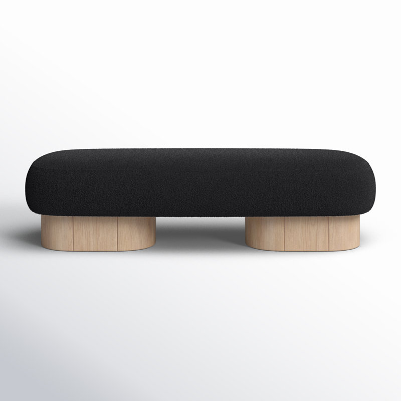 Banc rembourré en tissu Denyer, Tissu bouclé noir, Chêne clair