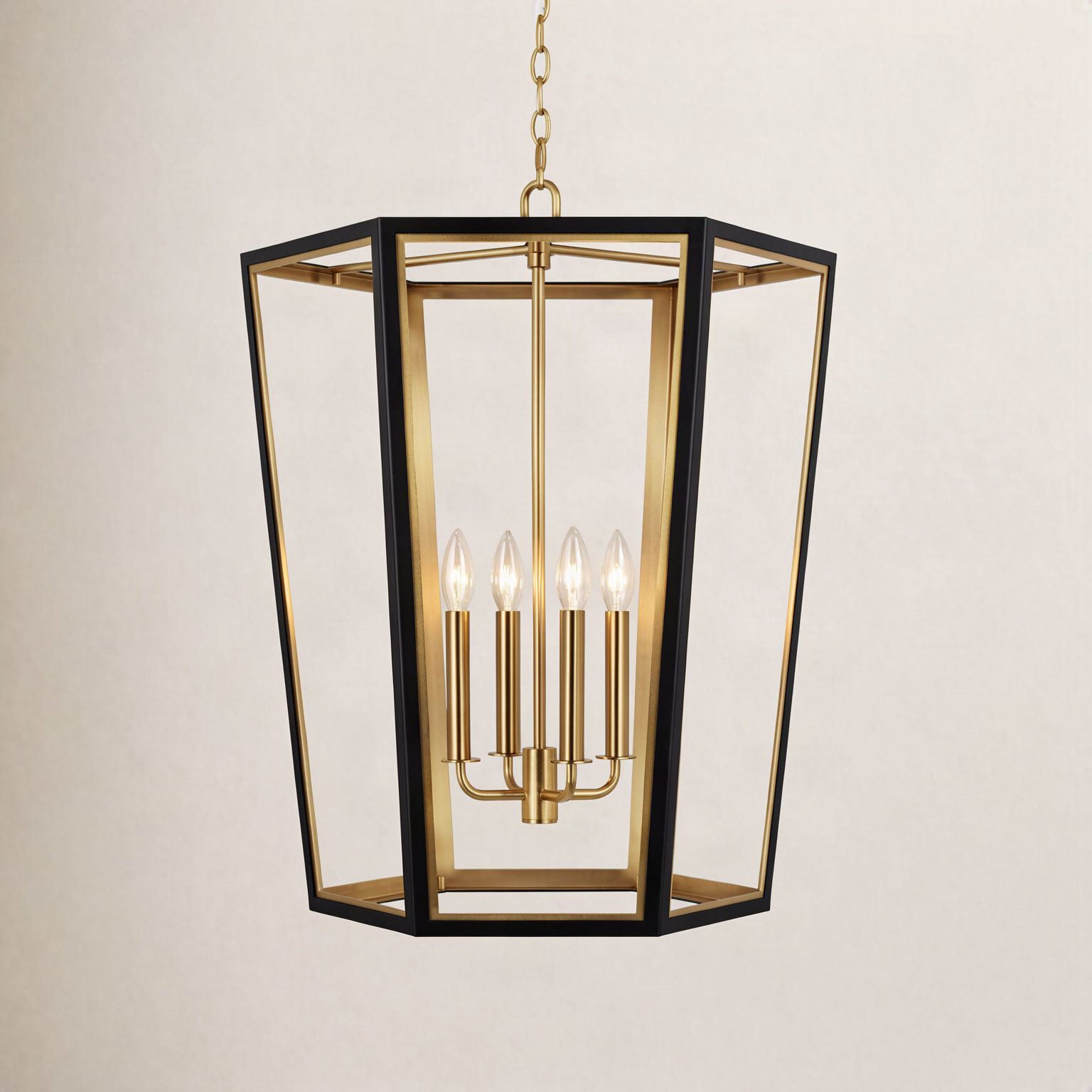4 - Light Dimmable Lantern Chandelier, Midnight Black/Burnished Brass