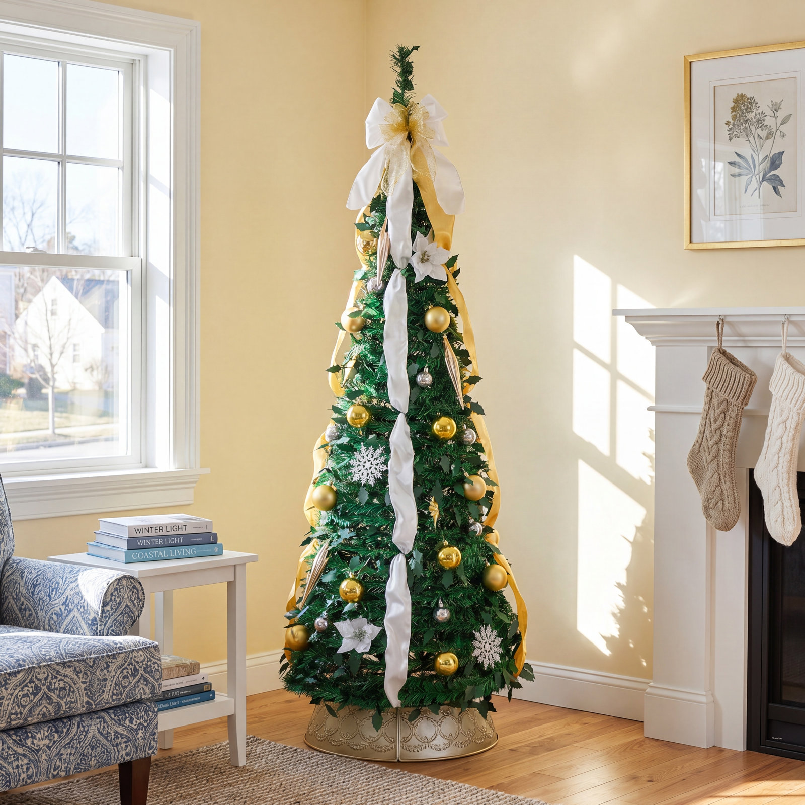 Gold 6' Pre-Lit Pine Christmas Tree, 5" H x 20" W x 16" D
