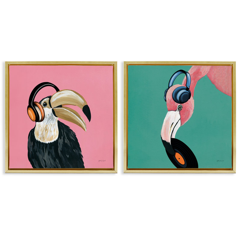 Toucan and Flamingo, Cadre flottant métallique doré, H 18 po x l 18 po