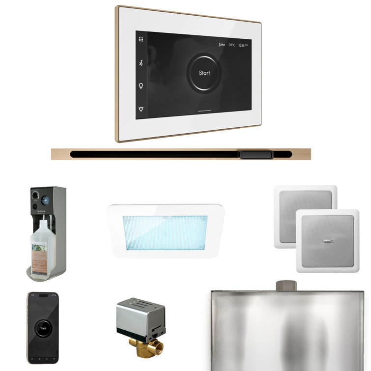 XDream Steam Shower Control Package with iSteamX Control and Linear Steamhead in White Satin Brass