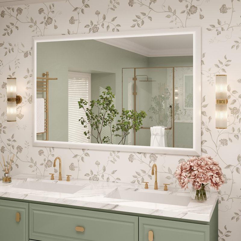 Molly Tempered Glass Metal Beveled Framed Wall Mounted Vanity Rectangular Mirror, 55" x 36", White