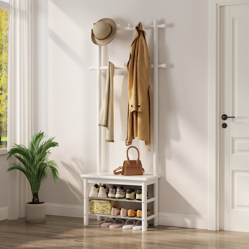 Solid Wood Hall Tree with Bench and Shoe Storage, Entryway Organizer with 11 Hooks and Two-Tier Shoe Rack for Mudroom or Hallway
