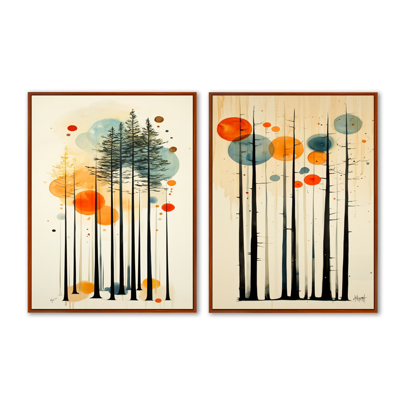 Silhouettes de forêt de pins de Summer Valley - Décoration murale en pin (lot de 2), 32" H x 48" W, Brown Floater Framed