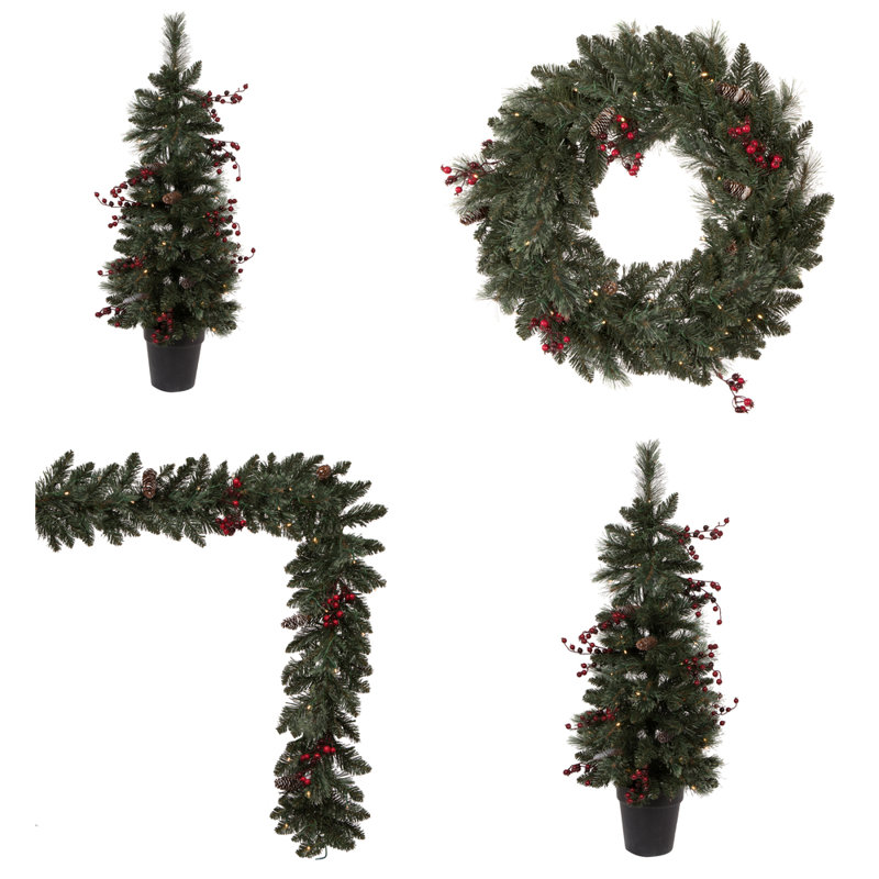 Vickerman Artificial 4 Piece Decorated Front Door Set with 200 Battery Operated Warm White 3MM LED lights. Includes two 3.5' Potted Trees, one 30" Wreath and one 9' Garland.