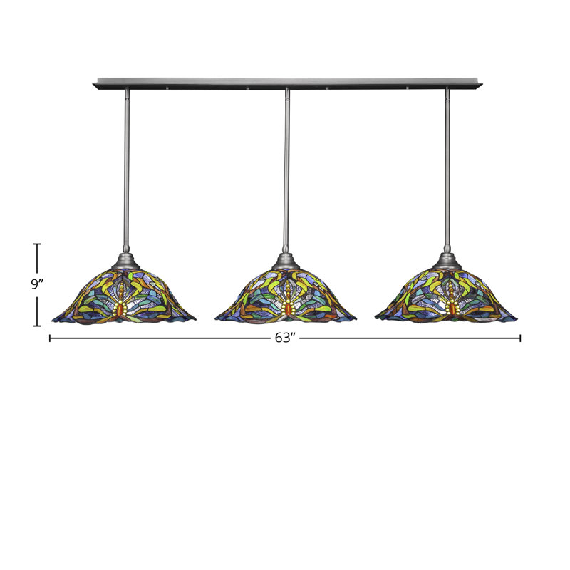 Luminaire suspendu linéaire sur pied 3 lumières avec verre d'art kaléidoscope 19 ", Nickel brossé