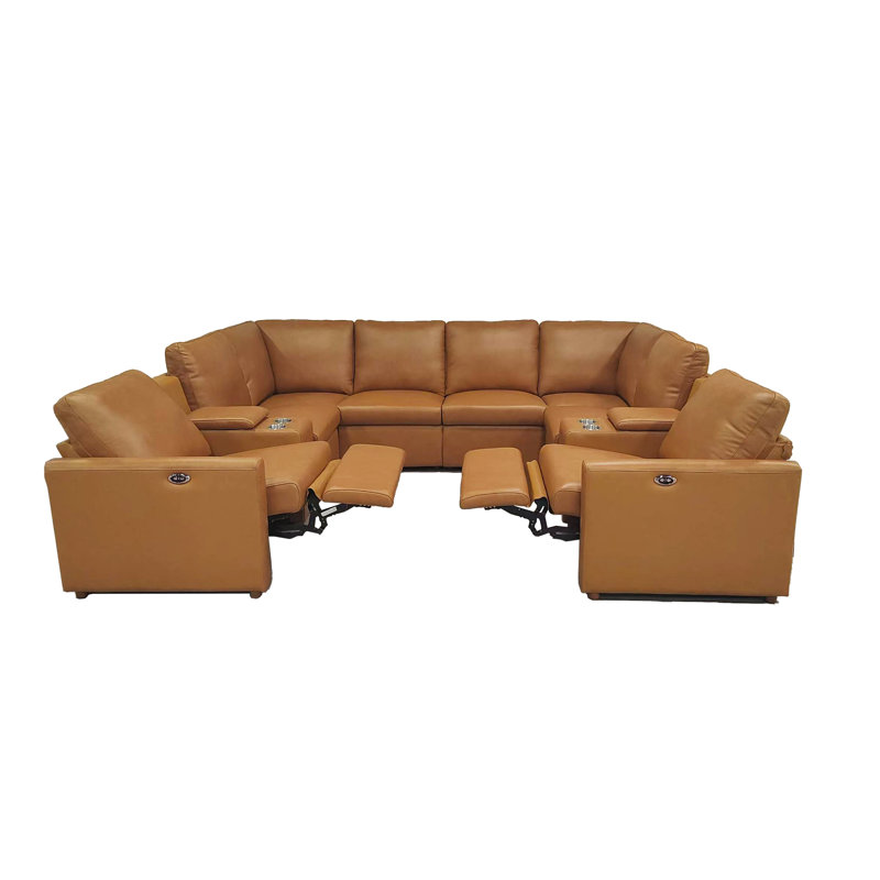Canapé modulaire inclinable électrique en cuir véritable avec console, porte-gobelets et ports USB, Cuir véritable brun clair