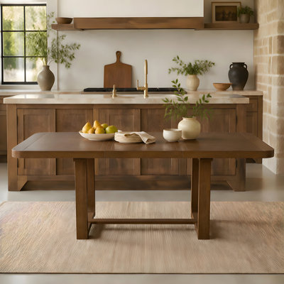 Table de salle à manger extensible en bois massif, table de cuisine rectangulaire de 60 à 84 pouces avec coins arrondis, rallonge amovible, garniture de rainure, base de support et repose-pieds