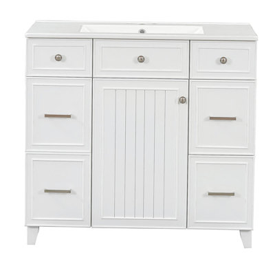 Lavabo de salle de bain 36 po avec lavabo en céramique, structure en bois massif, porte à fermeture en douceur, tablettes réglables, 3 tiroirs, y compris un tiroir double pour le rangement du sèche-cheveux