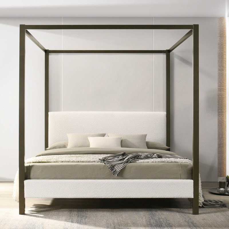 Beecher White Boucle Canopy Queen Bed with Iron Frame, King