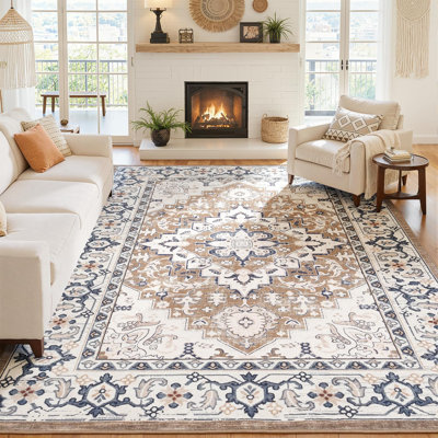 8x10 Brown Beige Vintage Boho Washable Area Rug with Soft Non-Slip Backing, Low Pile Large Area Rug for Living room