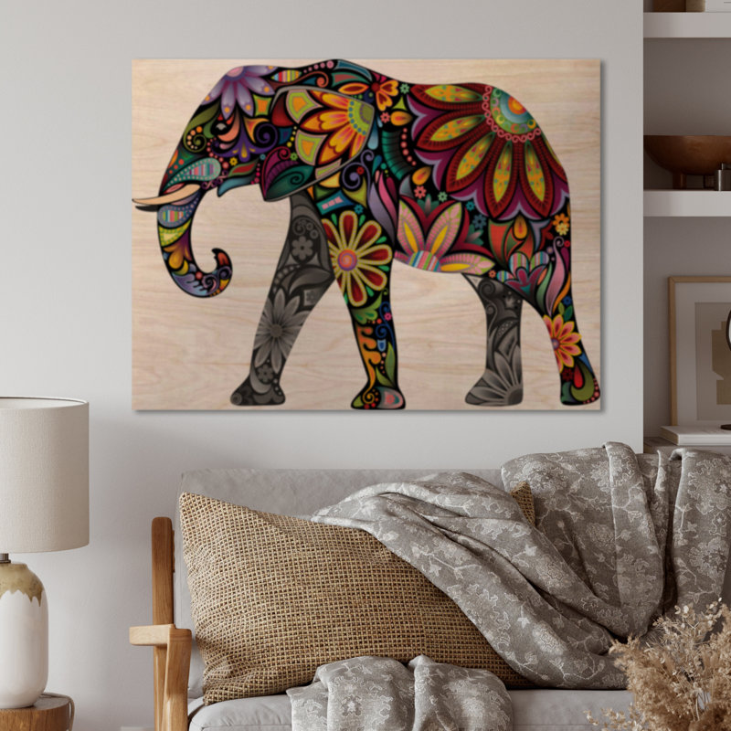 Jaune éléphant joyeux - Art mural en bois traditionnel - Bois de pin naturel, H 16 po x l 32 po x P 1 po