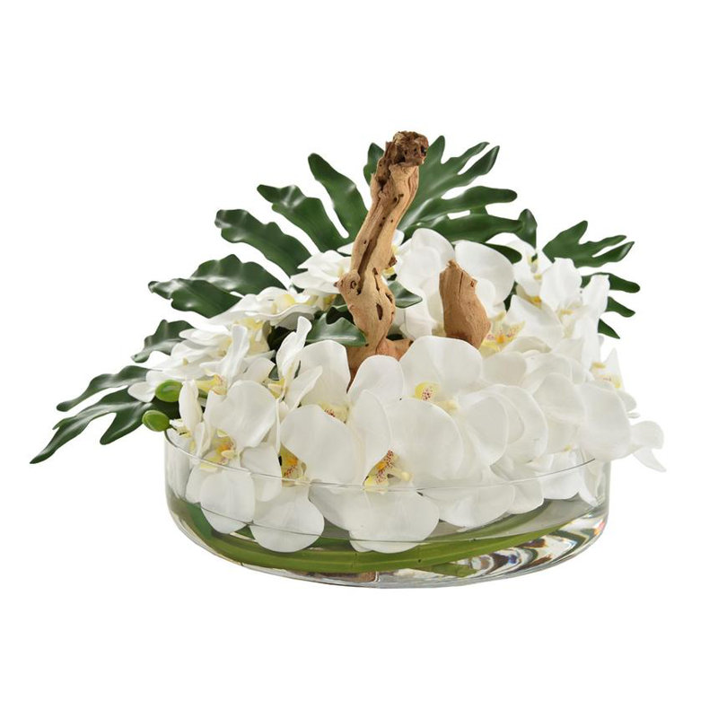 Centre de table en vase à feuilles et bois flottant orchidées, Blanc
