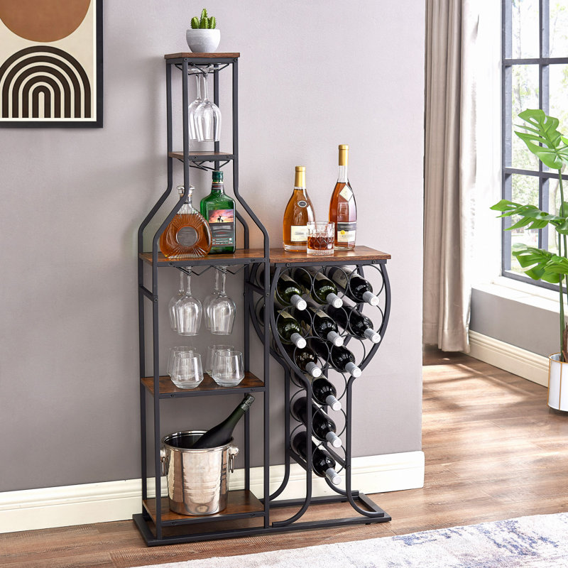 Support pour 11 bouteilles de vin - Rangement à vin autoportant à 5 niveaux avec porte-verres et tablettes suspendus, armoire de bar rustique pour la cuisine, la salle à manger et les réceptions