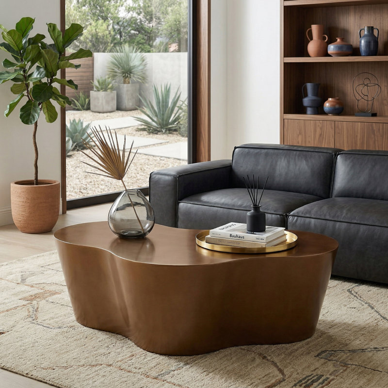 Table basse sculpturale moderne 50 po, fibre de verre, aucun assemblage requis, brun, Brun