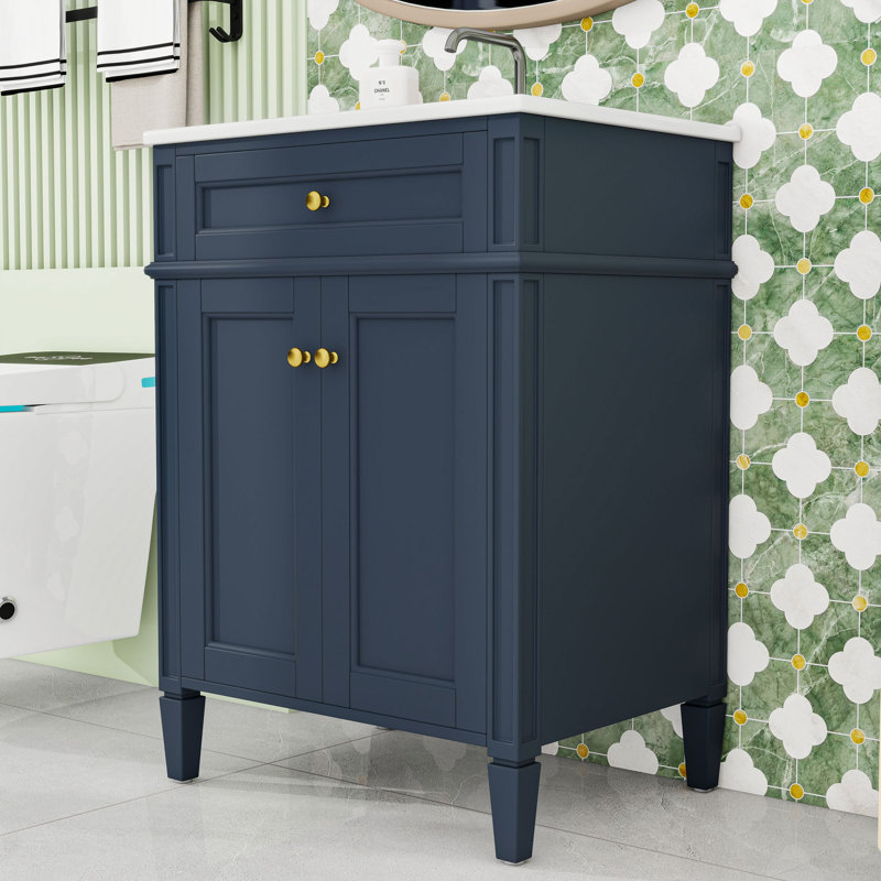 Meuble-lavabo de salle de bain avec lavabo en céramique, tiroir basculant et tablette réglable, Blue