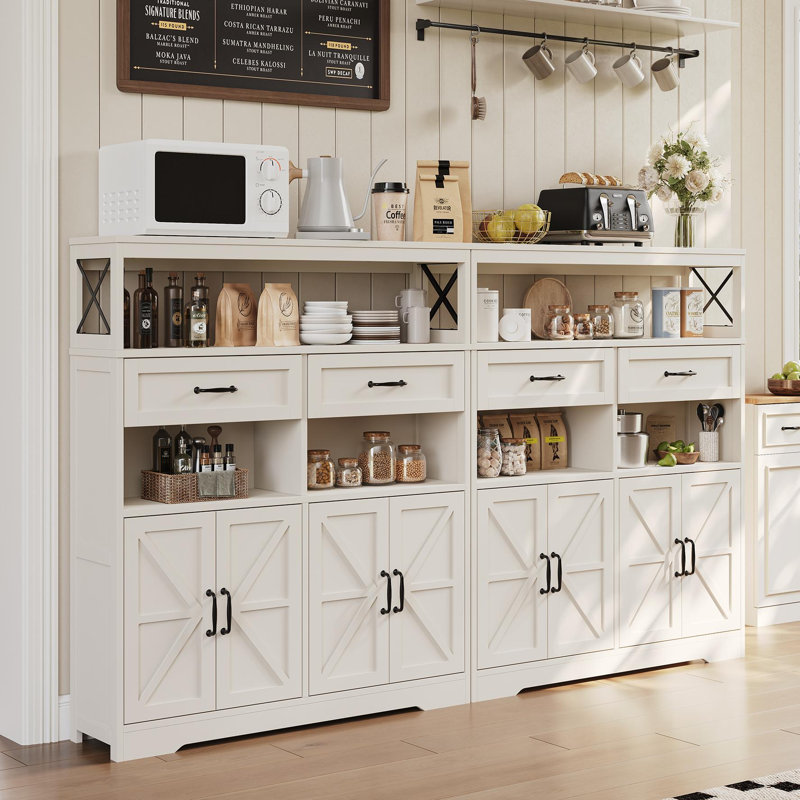 Farmhouse Buffet Cabinet With Barn Doors And Adjustable Shelves | Large Kitchen Storage Sideboard With 4 Open Spaces, 2 Drawers,White