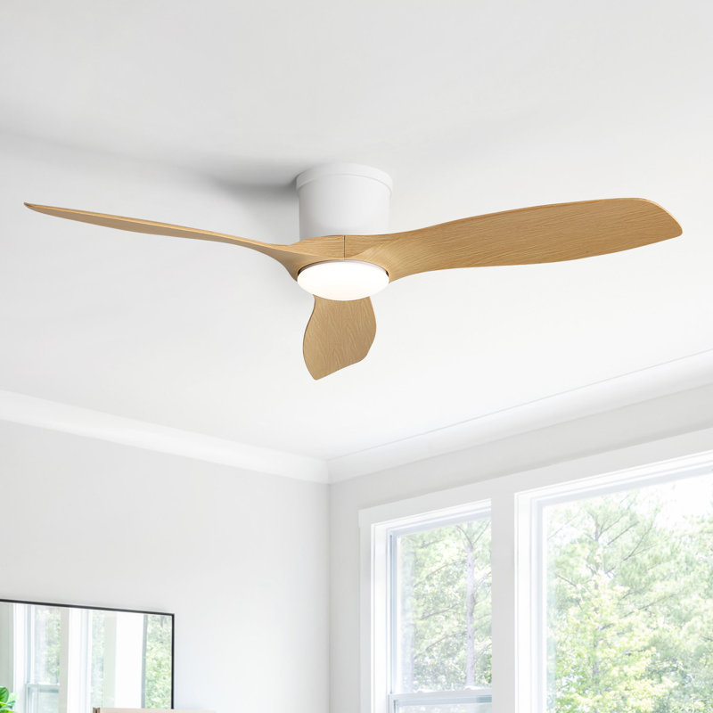 Ventilateur de plafond encastré 3 pales 52 pouces avec lumières DEL et télécommande Shandi, Blanc avec balde beige