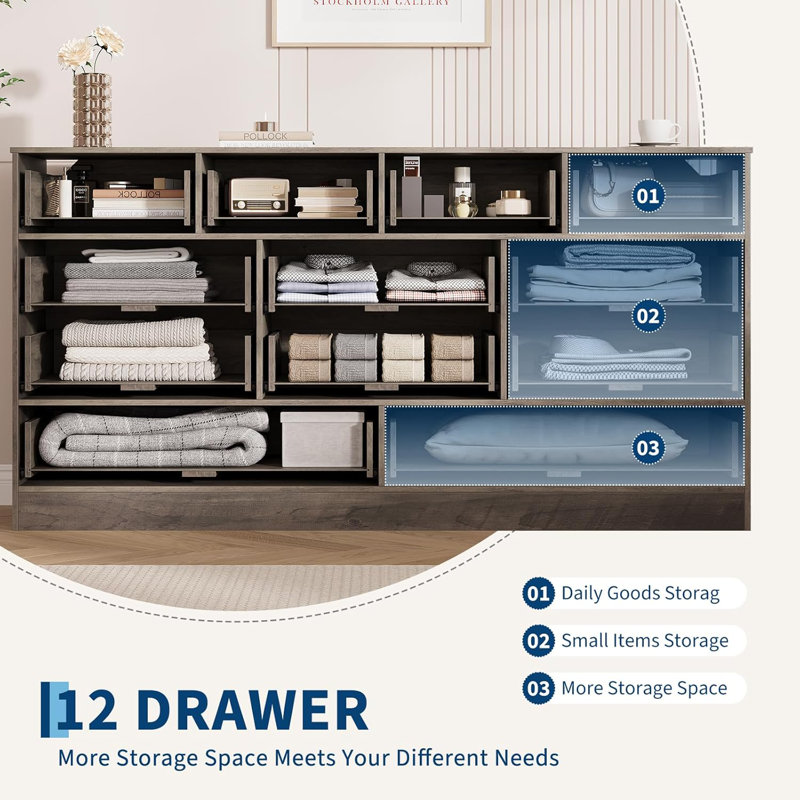 154.9cm W 12 - Drawer Chest of Drawers, Grey