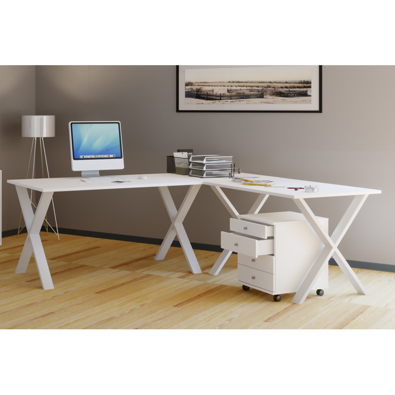 Edford L-Shaped Metal Base Writing Desk, White/Black, 76cm H x 190cm W x 80cm D