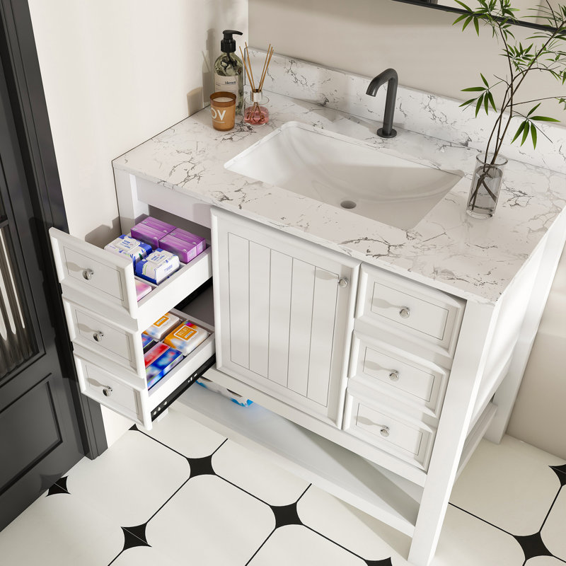 Meuble-lavabo moderne 37 po avec plateau en marbre blanc de Carrare, armoire de rangement avec tiroirs et tablette ouverte