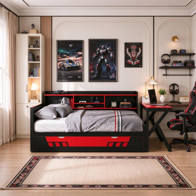 Lit plateforme moderne de jeu avec bureau, étagères de rangement, éclairage DEL et station de recharge, en bois avec bibliothèque, gain de place pour les chambres d'enfants, d'adolescents et d'adultes, dortoirs, noir et rouge.