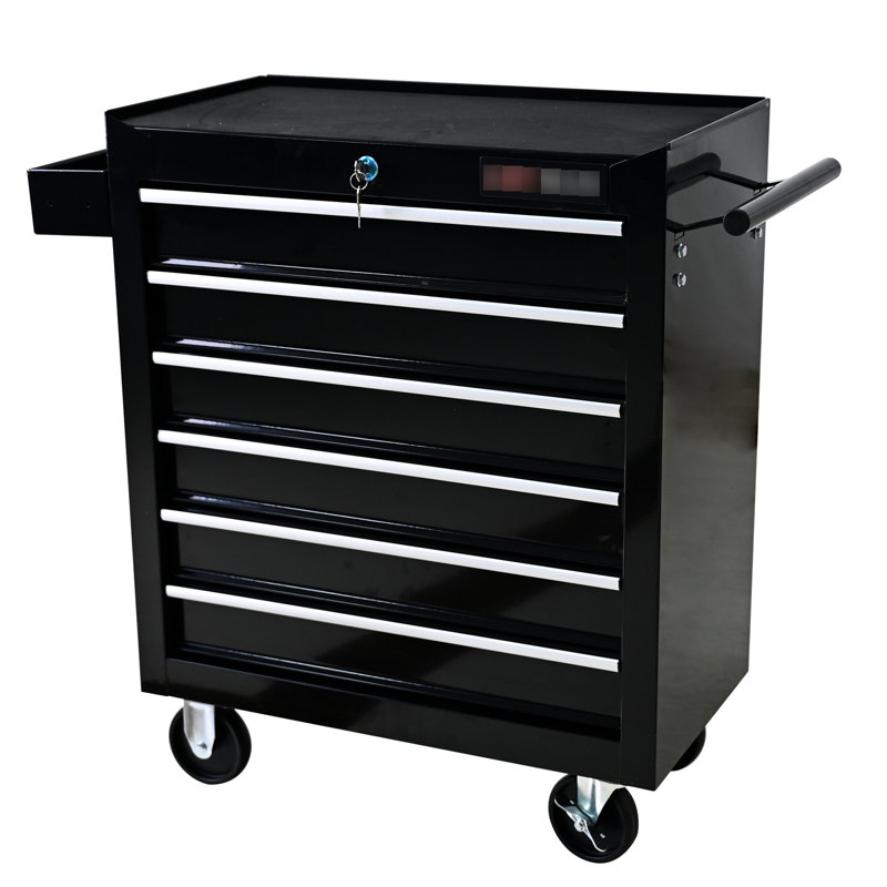 6 Drawer Repair Shop Tool Storage With Locking System And Wheels - Black Rolling Organizer Drawers Lock, For Garage