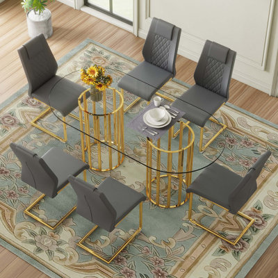 9PCS Modern Table And Chair Set. Oval Tempered Glass Dining Table With 8 High-Quality PU Chairs