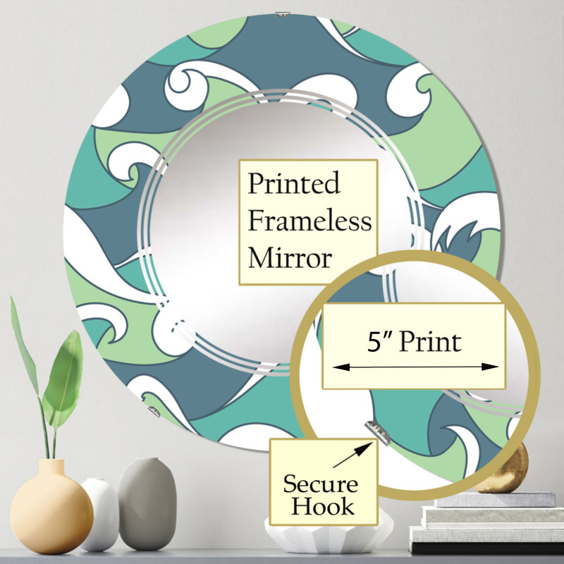 Vagues abstraites vertes et bleues - Miroir mural à motif rond, 24 po x 24 po